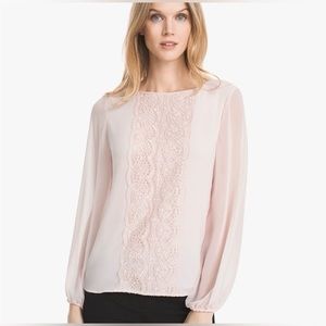 White House Black Market Stella Lace Panel Pink Blush Long Sleeve Blouse size 2